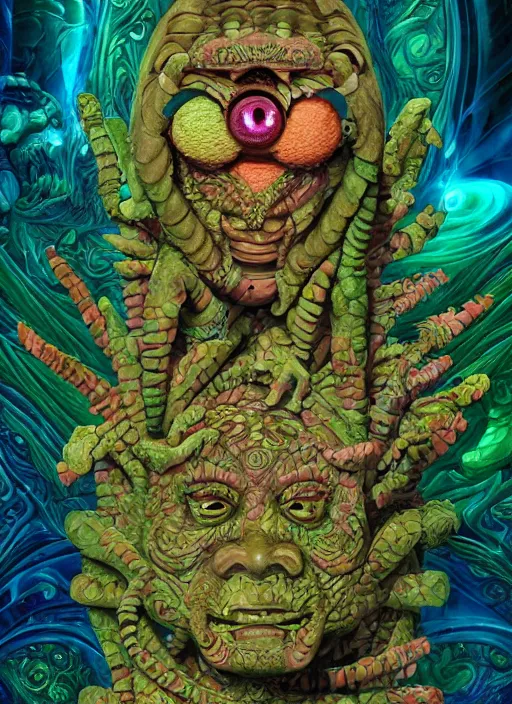 Prompt: a surreal portrait statue of joe rogan as a psychedelic tiki reptile stone god figure by naoto hattori, android jones, and chris dyer, deep bold colors, galactic dmt entity, depth of field, intricate beautiful painting, billions of details, octane render, portal, 8 k, detailed vector, trending on artstation, cgisociety