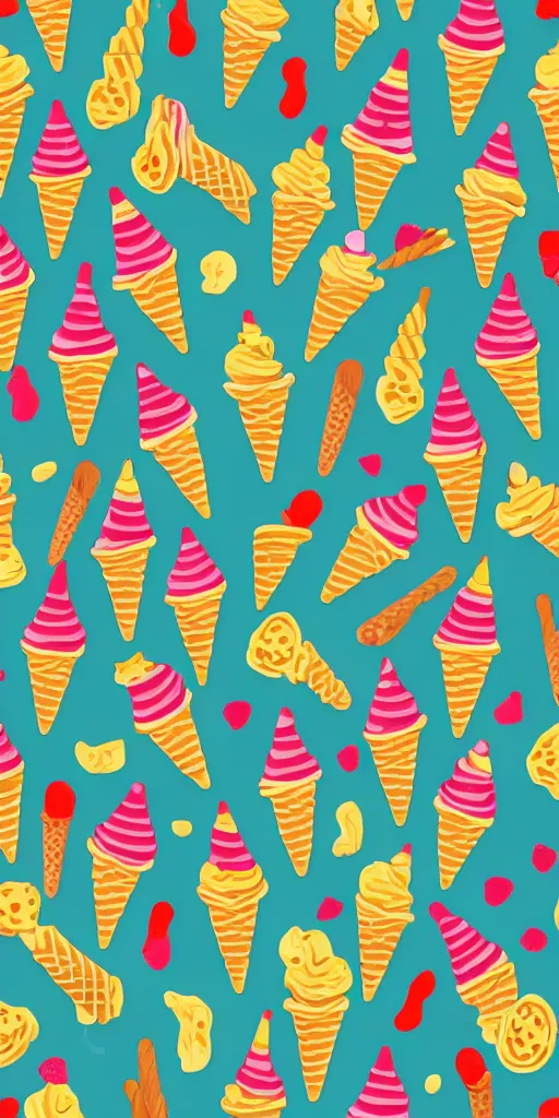 Prompt: seamless pattern of ice cream cones, colourful, symmetrical, repeating