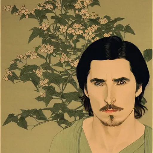 Image similar to “ christian bale portrait by ikenaga yasunari and ayana otake and ko rakusui, 6 0 s poster, drawing, realistic, sharp focus, japanese, dreamy, nostalgia, faded, golden hues, floral clothes, porcelain skin ”