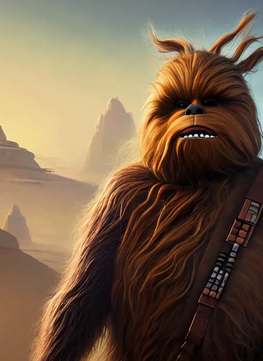 Image similar to hyper realistic, zoomed out portrait of a mega derpy big chungus as chewbacca in star wars, stoned, by greg rutkowski, scott m fischer, artgerm, loish, slight glow, atmospheric, anne stokes, alexandros pyromallis