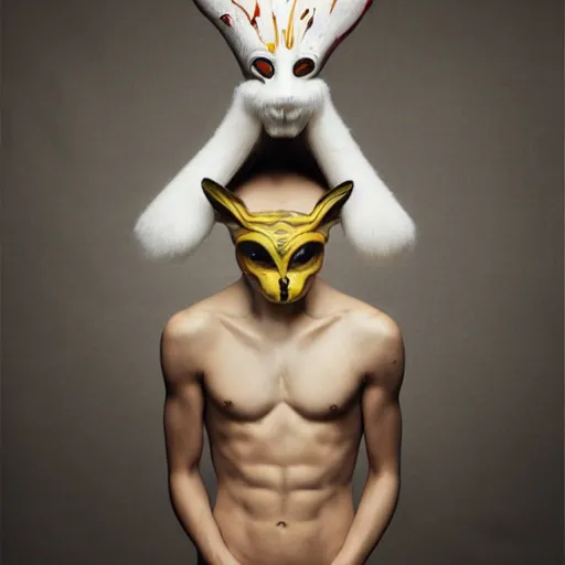 Prompt: an slim athletic beautiful male alien with ombre colored skin wearing a fine arts kitsune mask, photographed by erwin olaf for a fine art gallery