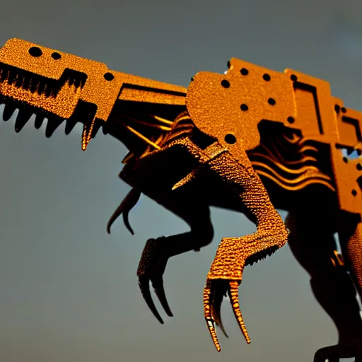 Prompt: a t-rex made out of rusty gears and wires showing life signs, photorealistic, bokeh, octane render, coherent