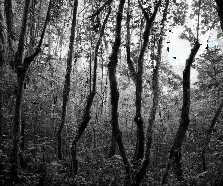 Image similar to a lush dense forest, glowing vines, black and white wildlife, moon shining, soft tones, highly detailed, 50mm