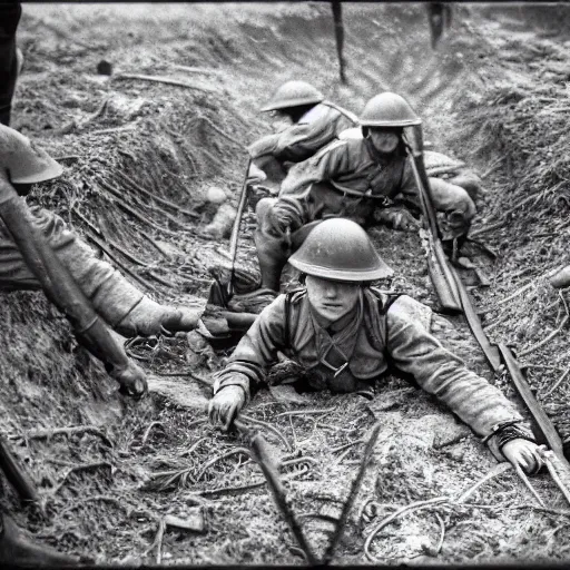 Image similar to stranger things , ww1 trench, war photo, film grain