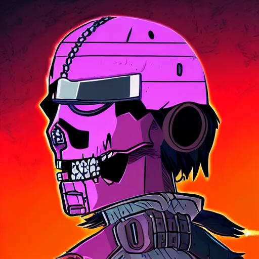 Prompt: a cyberpunk skull character drawn by genndy tartakovsky in the style of samurai jack