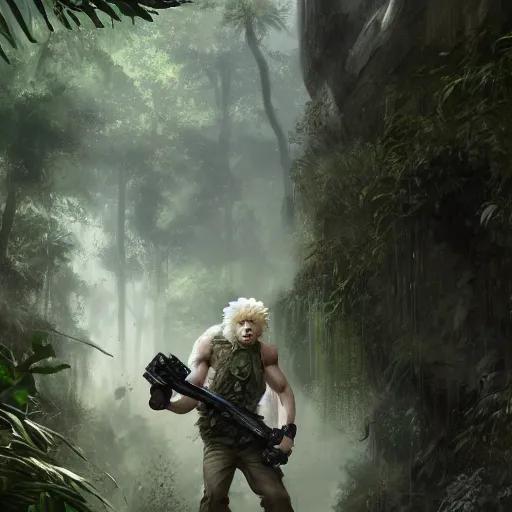 Image similar to commission portrait of a male anthro albino lion,wearing cargo pants and a boack t-shirt,going through a jungle cautiously.dramatic,character design by charles bowater,greg rutkowski,ross tran,hyperdetailed,hyperrealistic,4k,deviantart,artstation,professional photography,concept art