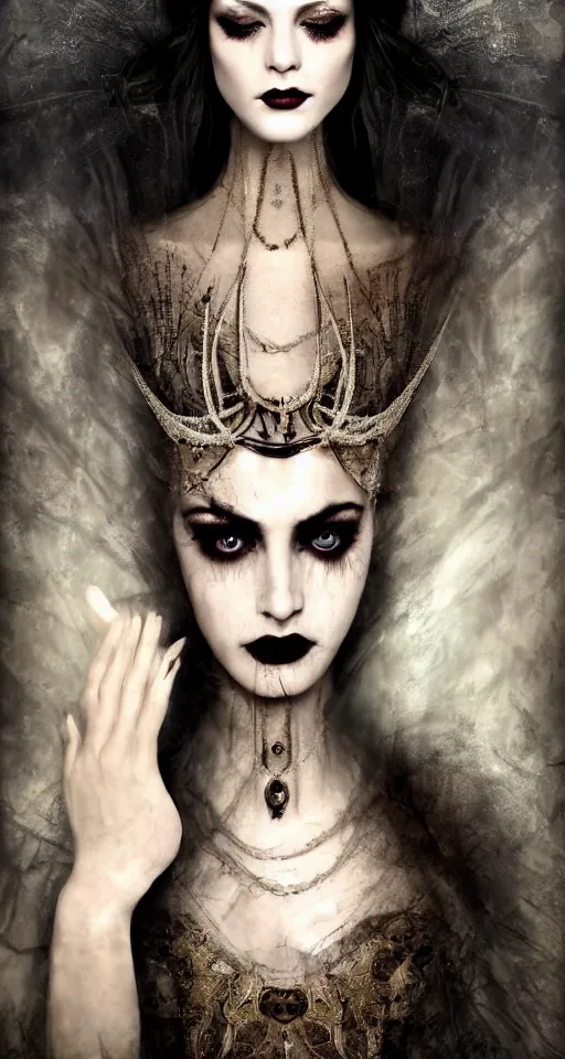 Image similar to a single faced portrait of the enchantress queen with a stunning timeless beauty, breathtaking eyes, perfect skin, feathered eyelashes, royal gothic dress with a lot of leather, heavy silent hill aesthetic, incredibly intricate, digital art, blender, houdini & photoshop, very elegant & complex, hyper-maximalist, overdetailed, epic cinematic quality, biblical art lighting, photorealistic, lifelike, OLED, DSLR HDR 8k, face is the focus, facial feature symmetry, hyper composed, created by Nixeu & z--ed from deviantart