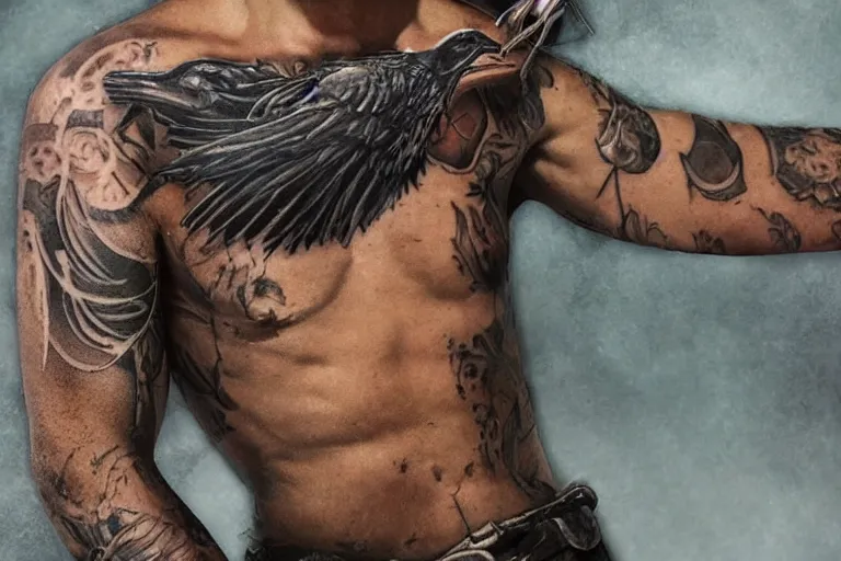 Realistic raven tattoo on the left forearm.