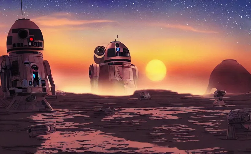 Image similar to star wars binary sunsets in a ghibli realistic style
