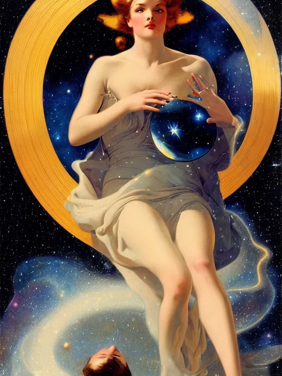 Image similar to Morpheus the god of dreams, a beautiful art nouveau portrait by Gil elvgren, colliding galaxy environment, centered composition, defined features, golden ratio, silver helmet