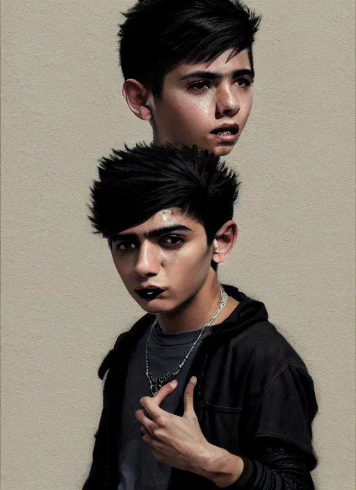 Prompt: portrait of a latino teen boy with a crooked nose and a confident expression, 1 9 6 0 s, black clothes, goth, punk, brightly coloured hair, funk, intricate, elegant, highly detailed, digital painting, artstation, concept art, smooth, sharp focus, illustration, art by wlop, mars ravelo and greg rutkowski