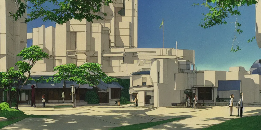 Image similar to A solarpunk round white sci-fi building in a city park, by Studio Ghibli and Edward Hopper