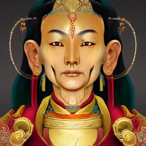 Image similar to centered detailed portrait and body of a tibetan saint, realistic character concept, identical eyes, gazing eyes, elegant pose, fantasy, illustration, slender symmetrical face and body, artstation, cinematic lighting, hyperdetailed, cgsociety, 8 k, tom richmond, single face, octane render, golden ratio, postprocessing, cartoon