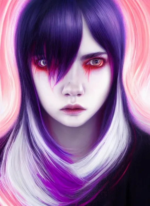 Image similar to hair whitebangs hair, black hair, whitebangs, portrait of teenage girl with white bangs, red irises, purple clothes, white bangs, bangs are different color from hair, intricate, elegant, glowing lights, highly detailed, digital painting, artstation, concept art, smooth, sharp focus, illustration, art by wlop, mars ravelo and greg rutkowski