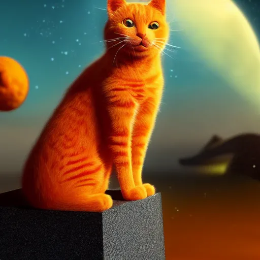 Image similar to A fuzzy orange cat sitting on planet earth, space with stars in the background, trending on artstation, 3D animation, by Salvador Dali