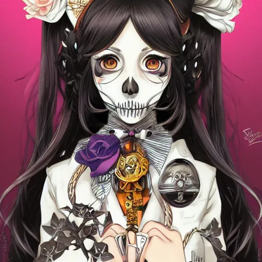 Image similar to anime manga skull portrait young woman, alice in wonderland, Disney, skeleton, intricate, elegant, highly detailed, digital art, ffffound, art by JC Leyendecker and sachin teng