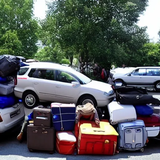 Image similar to a car totally overloaded with hundreds of suitcases and stuff