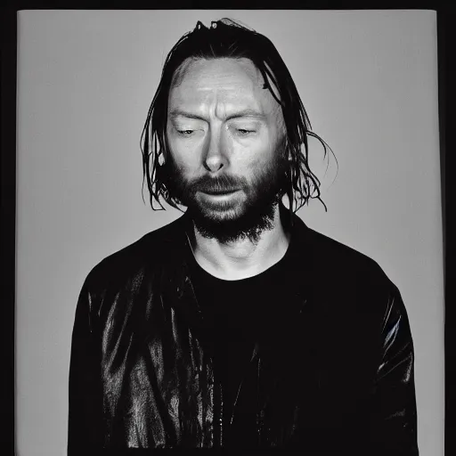 Image similar to Singing Thom Yorke, with a beard and a black jacket, a portrait by John E. Berninger, dribble, neo-expressionism, uhd image, studio portrait, 1990s