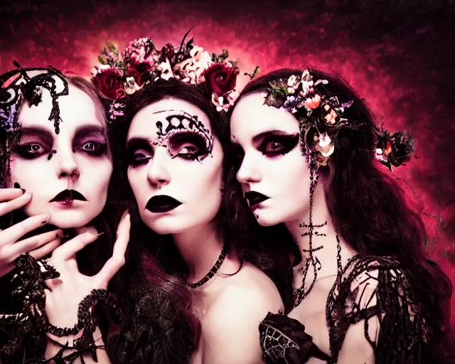 Prompt: three stunning otherworldly gothic goddesses of beauty wearing psychedelic wicca and skulls, full body, dark and mysterious, atmospheric, ominous, eerie, cinematic light, epic, 8 k 3 d, ultra detail, ultra realistic