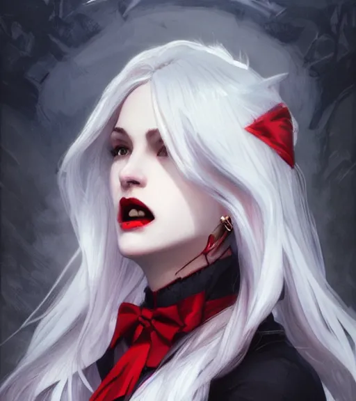 Image similar to a vampire girl, fangs out, grey hair, red necktie, cinematic, stunning, highly detailed, digital painting, artstation, smooth, hard focus, full body shot, illustration, art by artgerm and greg rutkowski and alphonse mucha