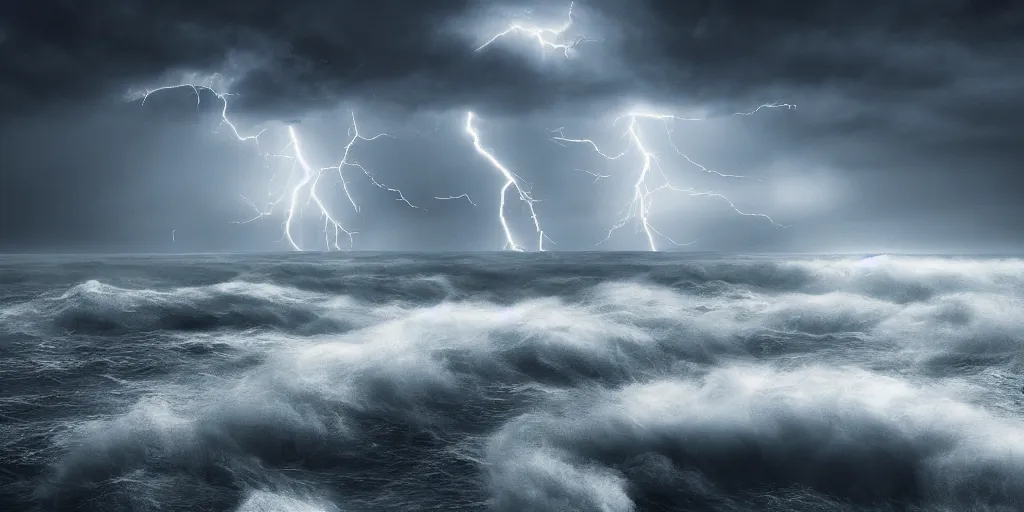 Prompt: several white perfect spheres with biological patterns hovering above a tumultuous sea, dramatic, lightning, tornado, digital art, dramatic light, 8k, artstation