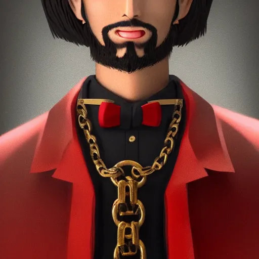 Image similar to a highly detailed full-length man with dark brown short hair, a dark beard, in black and red clothes, with a gold chain and a gold belt, artstation, DeviantArt, professional, octane render
