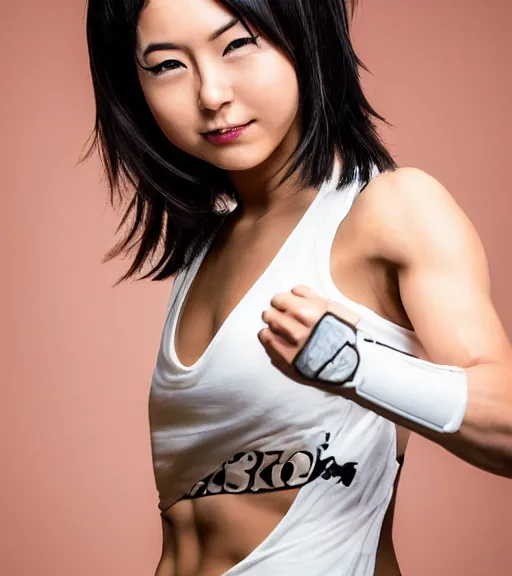 Image similar to an action photoshoot of akane owari, akane owari danganronpa, a toned japanese woman with dark tanned skin and wild wavy brown hair in a bob, hazel eyes, angular features, athletic body, buff, athletic fashion photography, sparring, dynamic pose, young and beautiful, white tank top, magazine cover, japanese facial features, full of energy