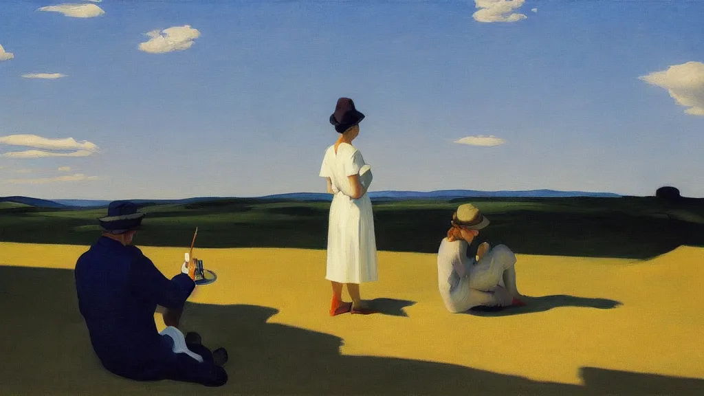 Image similar to artist painting blue sky by Edward Hopper. 8K. Extremely detailed.