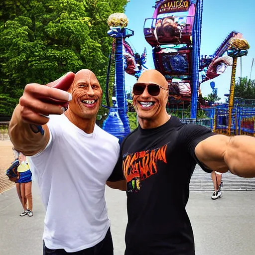 Image similar to dwayne Johnson and jerma985 selfie photograph at amusement park