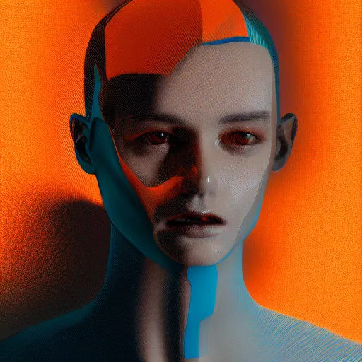 Image similar to portrait a glitchy monitor with a humanoid body wearing an orange jacket. illustration, artstation, cinematic, photoreal.
