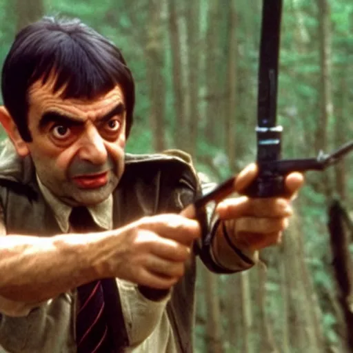 Image similar to A still of Mr Bean in Rambo First Blood