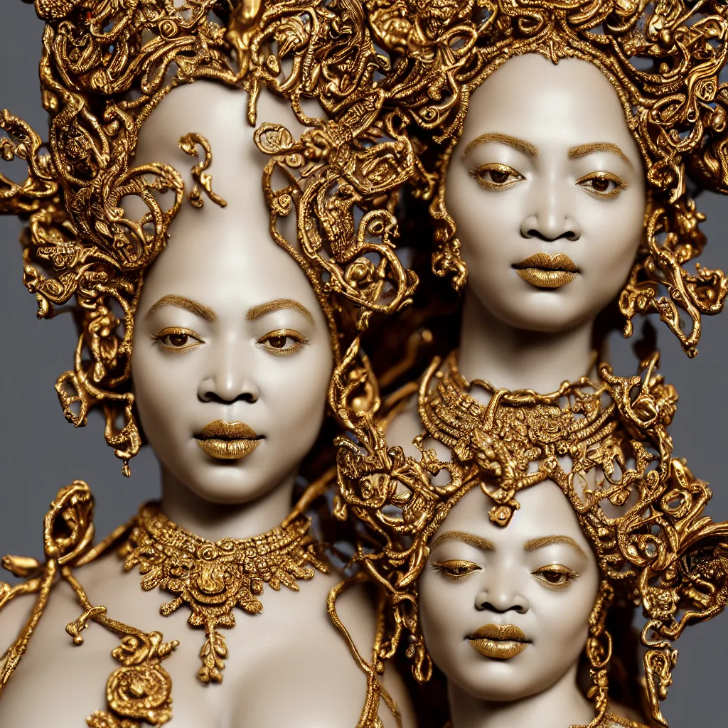 Image similar to a closeup photo - real delicate ceramic porcelain sculpture of an ornate detailed beyonce in front of a intricate background by davinci, micro detail, backlit lighting, subsurface scattering, translucent, thin porcelain, octane renderer, colorful, physically based rendering, trending on cgsociety