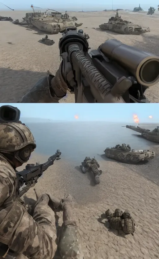 Image similar to gopro footage of d - day, with soldiers and explosions, ultra realistic, unreal engine, cgi rtx style chrome reflexion global illumination ray tracing hdr arstation pixar and disney unreal,