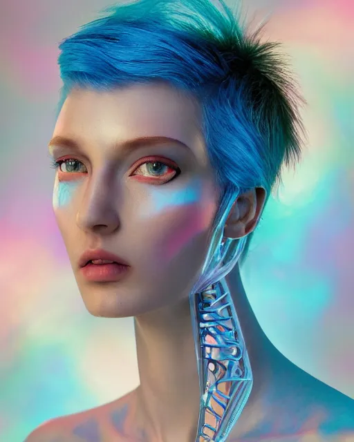 Prompt: natural light, soft focus portrait of an androgynous android with soft synthetic pink skin, blue bioluminescent plastics, smooth shiny metal, elaborate diamond ornate head piece, piercings, face tattoo, skin textures, by annie liebovotz, paul lehr,