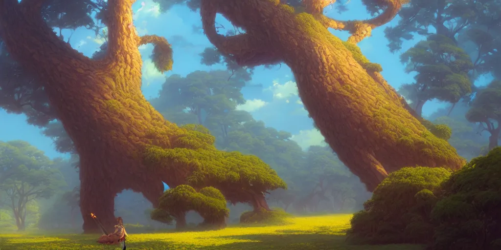 Prompt: a tree, highly detailed oil painting, rhads, Bruce Pennington, Studio Ghibli, tim hildebrandt, digital art, octane render, beautiful composition, trending on artstation, masterpiece