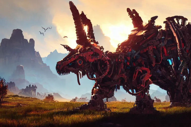 Image similar to grimhorn fanghorn machine mecha animal beast robot of horizon forbidden west horizon zero dawn bioluminiscence global illumination ray tracing hdr fanart arstation by sung choi and eric pfeiffer and gabriel garza and casper konefal