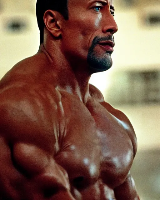 Image similar to Film still close-up shot of Dwayne Johnson as Rocky Balboa from the movie Rocky. Photographic, photography