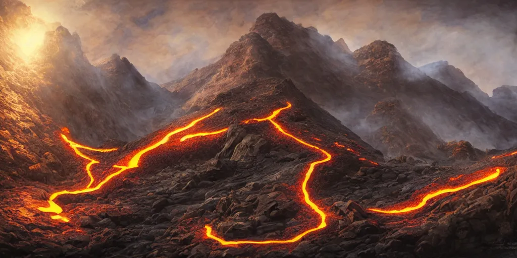 Image similar to a mountain range with a lava tiver flowing through it by akihito tsukushi, backlight, rim lighting, deep focus, d & d, fantasy, intricate, elegant, highly detailed, digital painting, artstation, concept art, matte, centered, sharp focus, illustration, hearthstone, art by artgerm, greg rutkowski and alphonse mucha