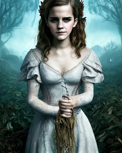 Prompt: full shot portrait painting of very beautiful emma watson as dark evil goddess lace, character design by mark ryden and pixar and hayao miyazaki, unreal 5, daz, hyperrealistic, octane render, cosplay, rpg portrait, dynamic lighting, intricate detail, harvest fall vibrancy, cinematic