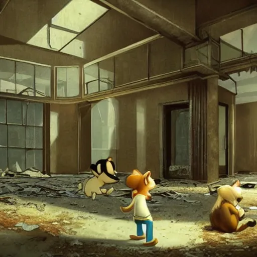 Prompt: Chip and Dale in liminal space, unsettling interior, hyperrealistic, feeling lost in an abandoned building, clean, unreal vision