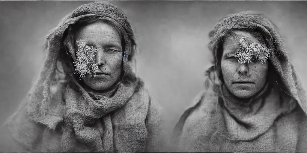Prompt: portrait photography tyrolean female farmer, leaves and edelweiss growing from face, hay cloths, desaturated, fog, 1. 2 f, 3 5 mm, dark, fog from eyes, 1 9 2 0 s ghost photography