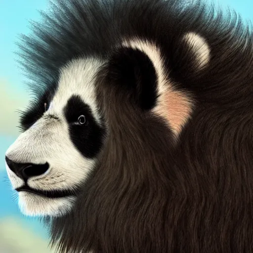 Prompt: profile view of cute fluffy baby panda with long colorful flowing lion mane blowing in the wind with mohawk top hairstyle hybrid animal detailed painting 4 k