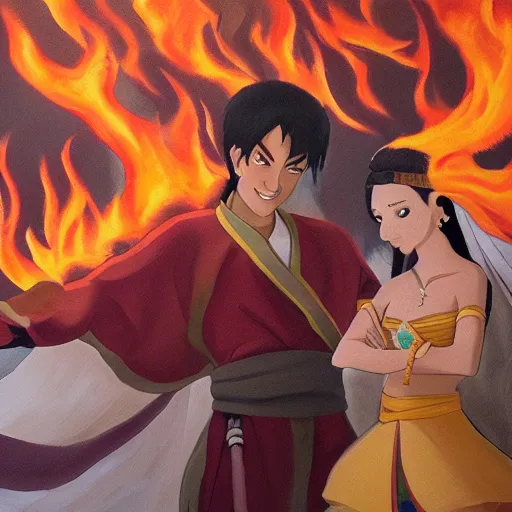 Prompt: oil painting of the wedding of fire lord zuko and katara in the fire nation, studio mir, oil painting