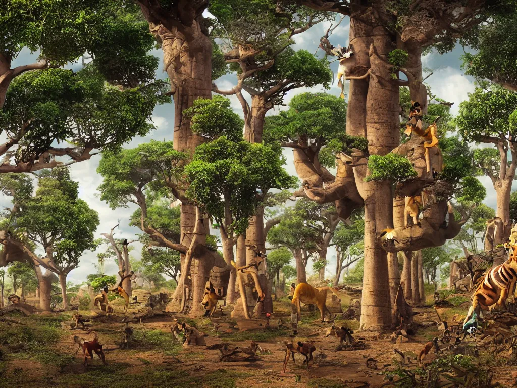 Image similar to a science fiction scene in madagascar with baobabs and lemurs, 4 k