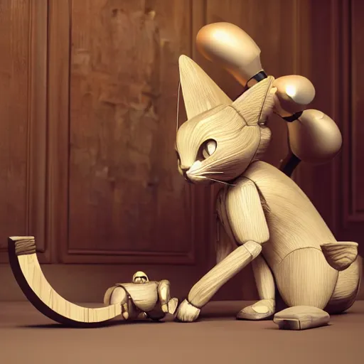 Image similar to 3 d octane render ultra 8 k photorealistic hyper detailed unreal engine an art wooden toys that represent a mythical robot your cute with cat ears