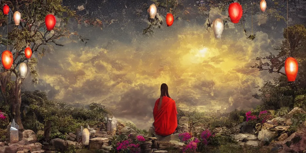 Image similar to painting of wind god enjoying the view from his stone heavenly palace, decorated with windchimes and paper lanterns, nature and clouds in background, digital art