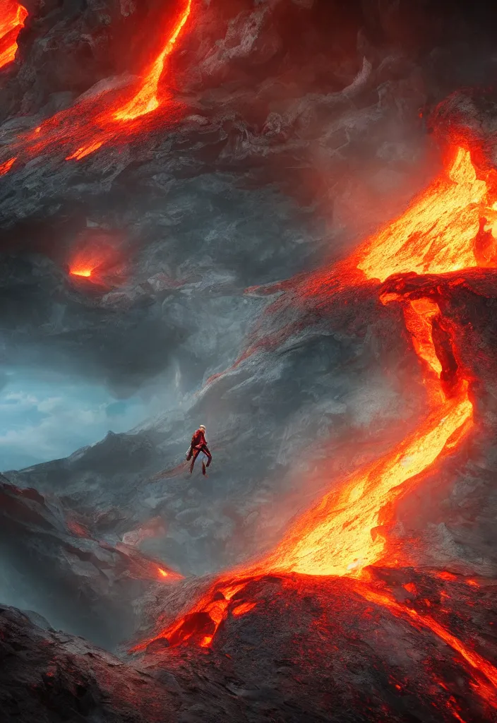 Image similar to being ejected from an active volcano. matte painting comic book art, cinematic, highly detailed, realistic, beautiful cosmic neural network, octane render, unreal engine, depth of field, trending on artstation, sharp focus, philosophical splashes of colors