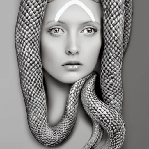 Prompt: beautiful pale smooth medusa with white silver snakes coming from her head