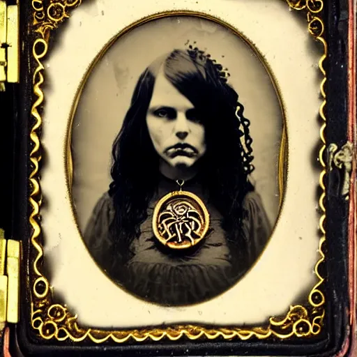 Image similar to tintype ambrotype daguerreotype of a cthulhu priestess adorned in occult jewelery with tentacle hair. emerging walking out of a baroque frame. striking face.