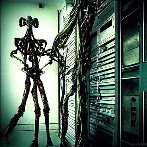 Prompt: “ugly filthy gross fleshy raw meat insectoid cybernetic mummy horse standing in a filthy dirty small server room filled with garbage and networking cables. David Cronenberg. Body horror style. 35mm.”